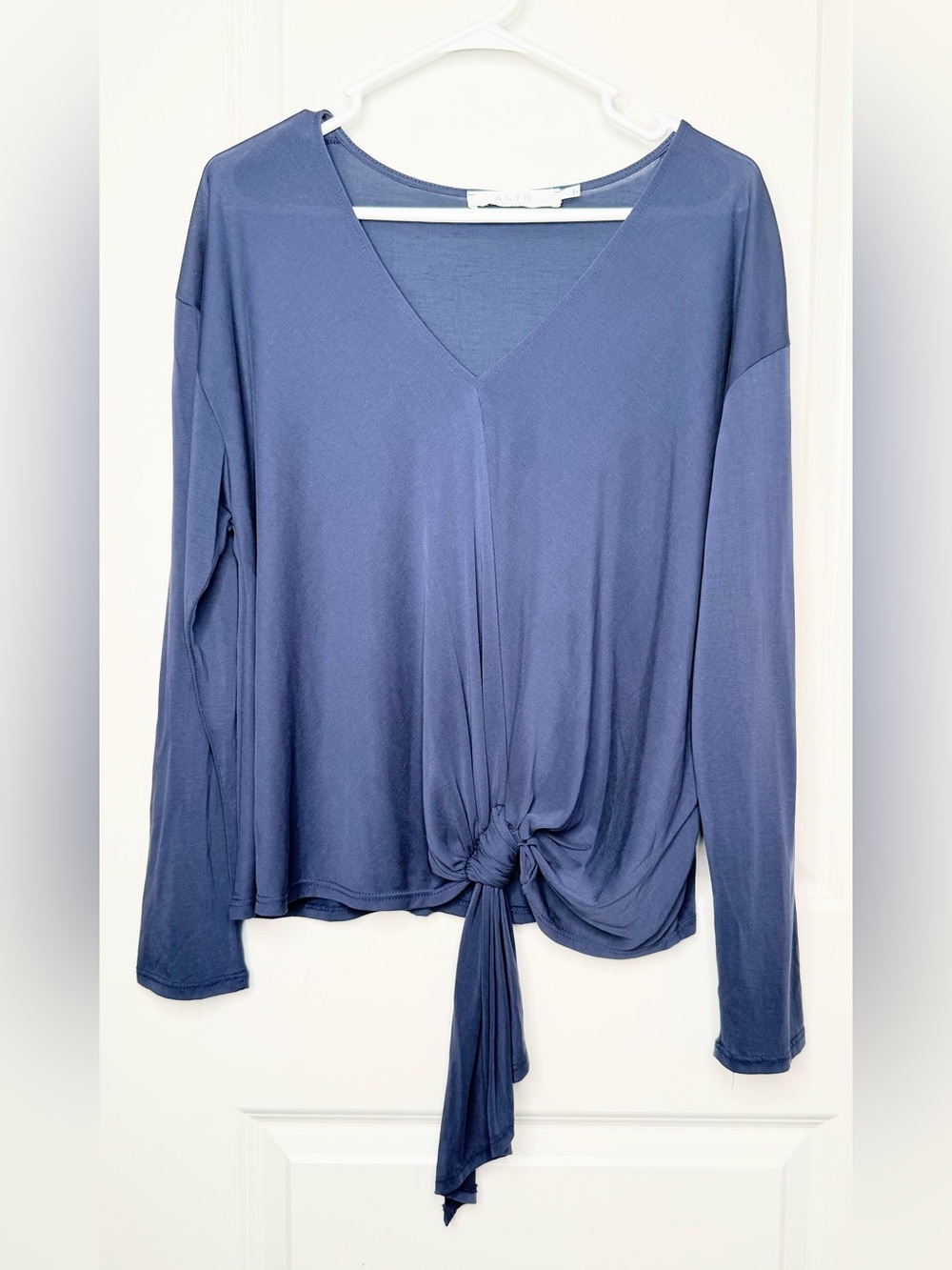 ASTR The Label Womens L Blue Modal Tie Front Long Sleeve V Neck Top Soft Drape